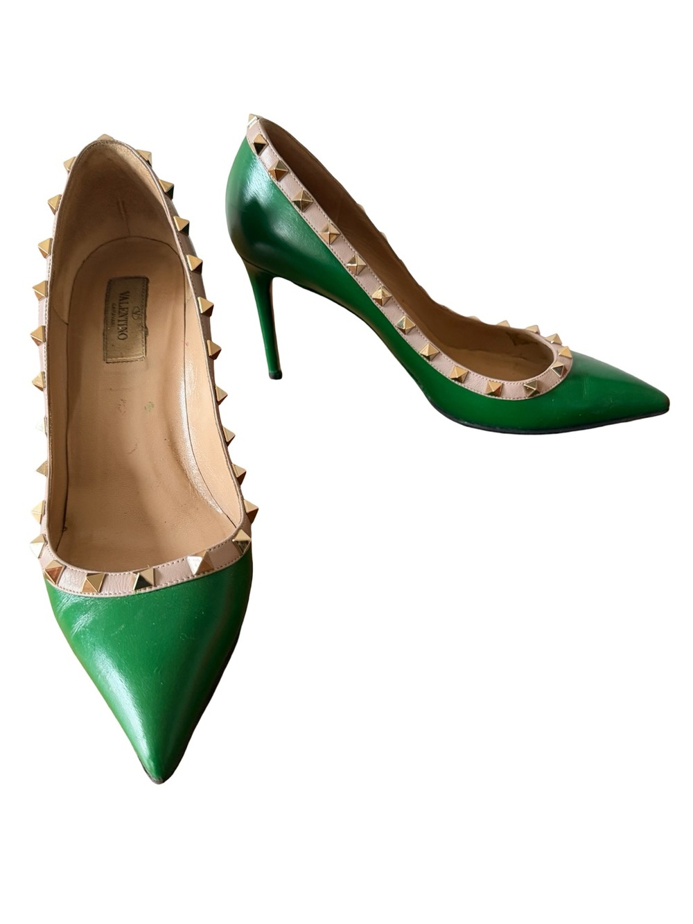 Valentino Garavani Green Leather Pointed-Toe Rockstud Pumps with Nude Trim